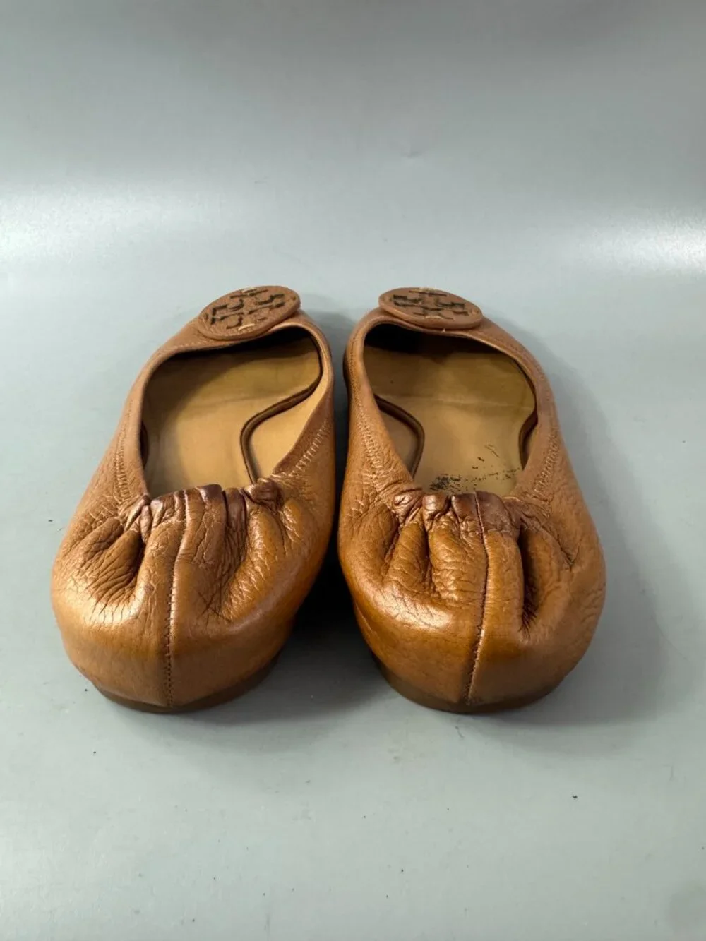 Tory Burch Reva Brown Leather Scrunch Ballet Flats, Size 10 M